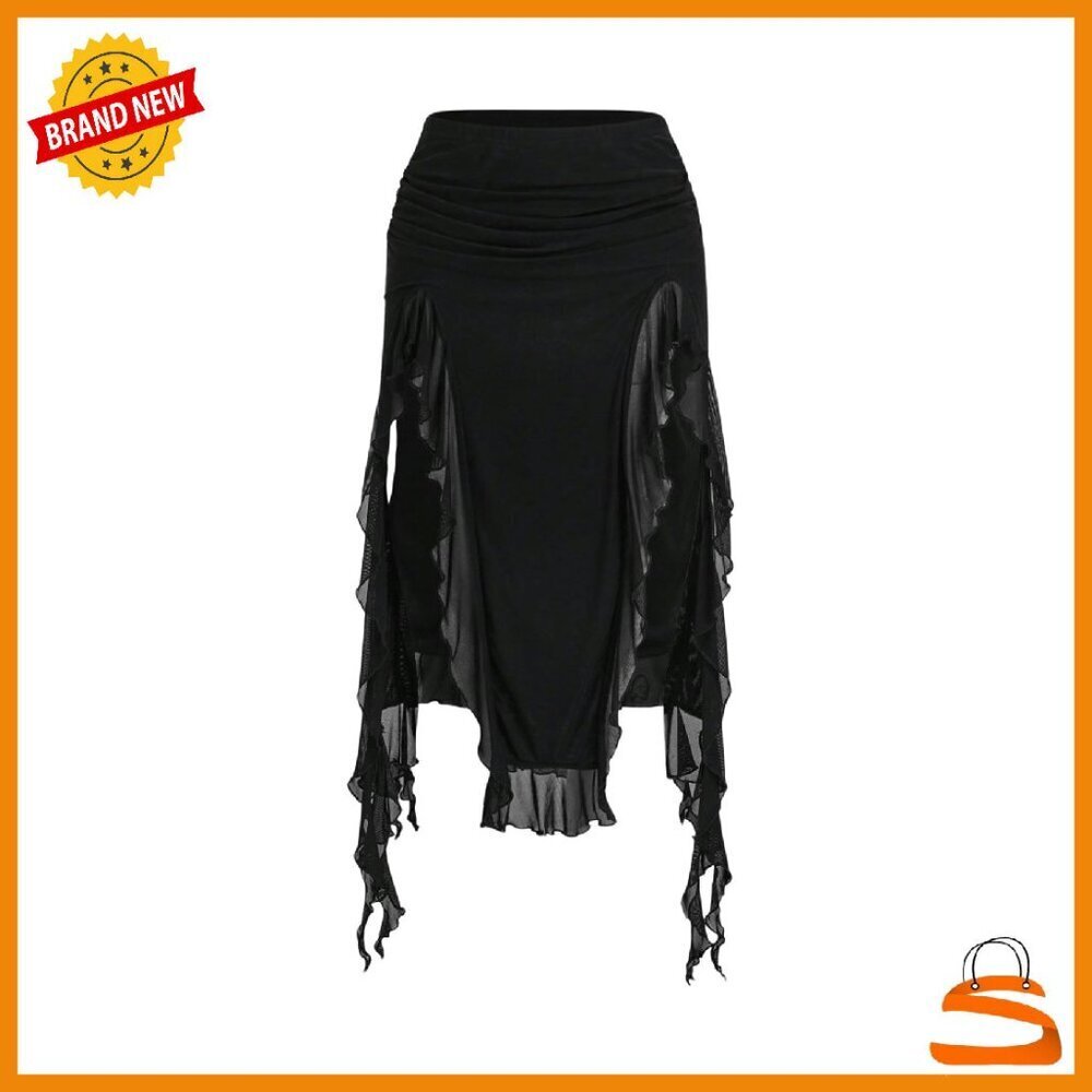 Ruched High Slit Mesh Skirt Asymmetrical Ruffle Midi Goth